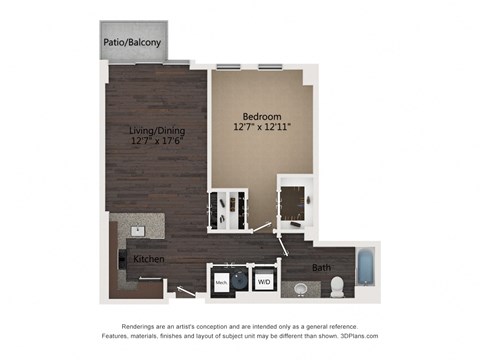 Floor plan for 1 bed, 1 bath, 838 sqft